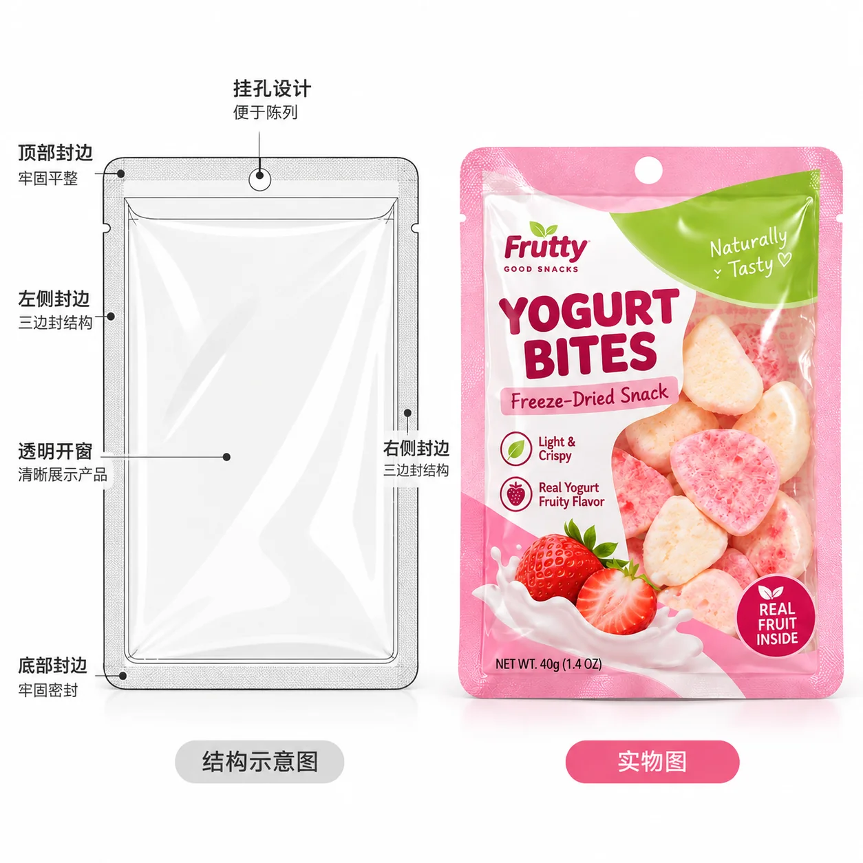 酸奶块包装袋 三边封与透明开窗结构说明