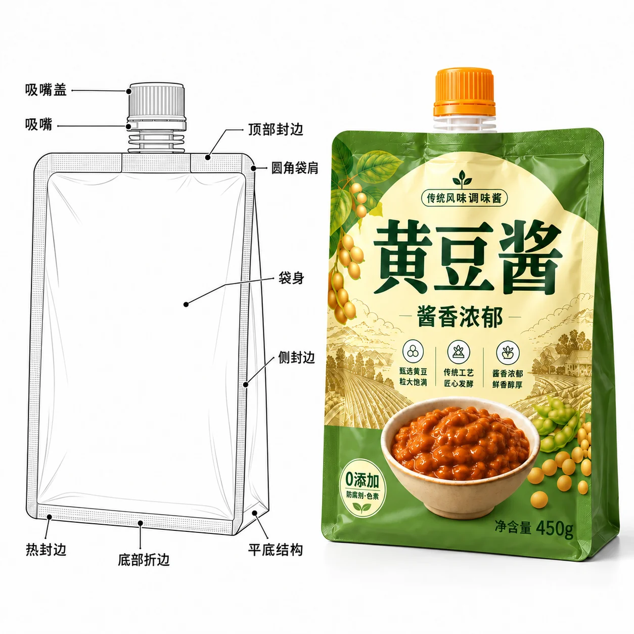 黄豆酱包装袋 平底吸嘴结构说明