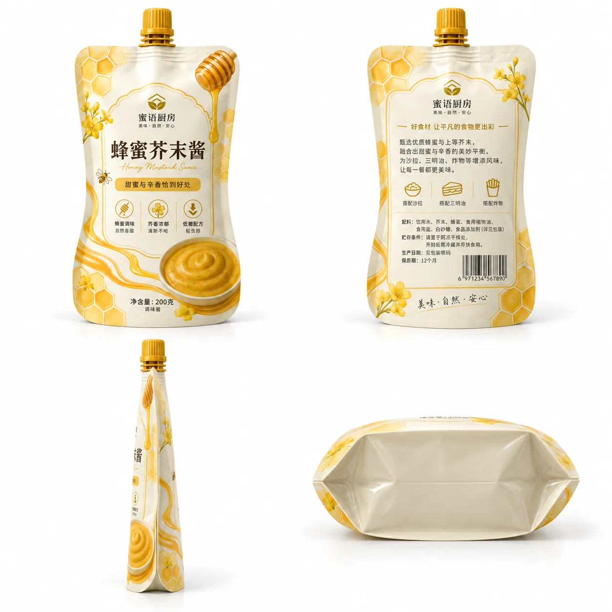 蜂蜜芥末酱包装袋 正面背面侧面和自立底展示