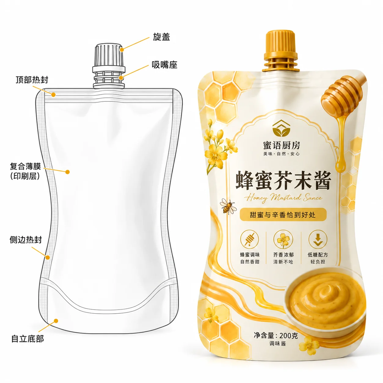 蜂蜜芥末酱包装袋 吸嘴旋盖与袋体结构图
