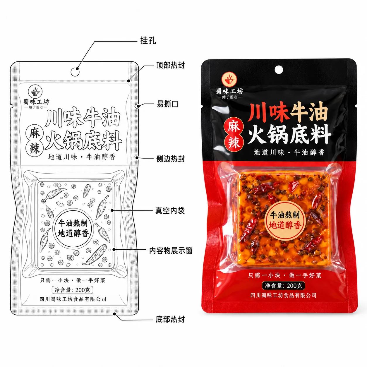 牛油火锅底料包装袋 挂孔易撕口开窗与内袋结构图