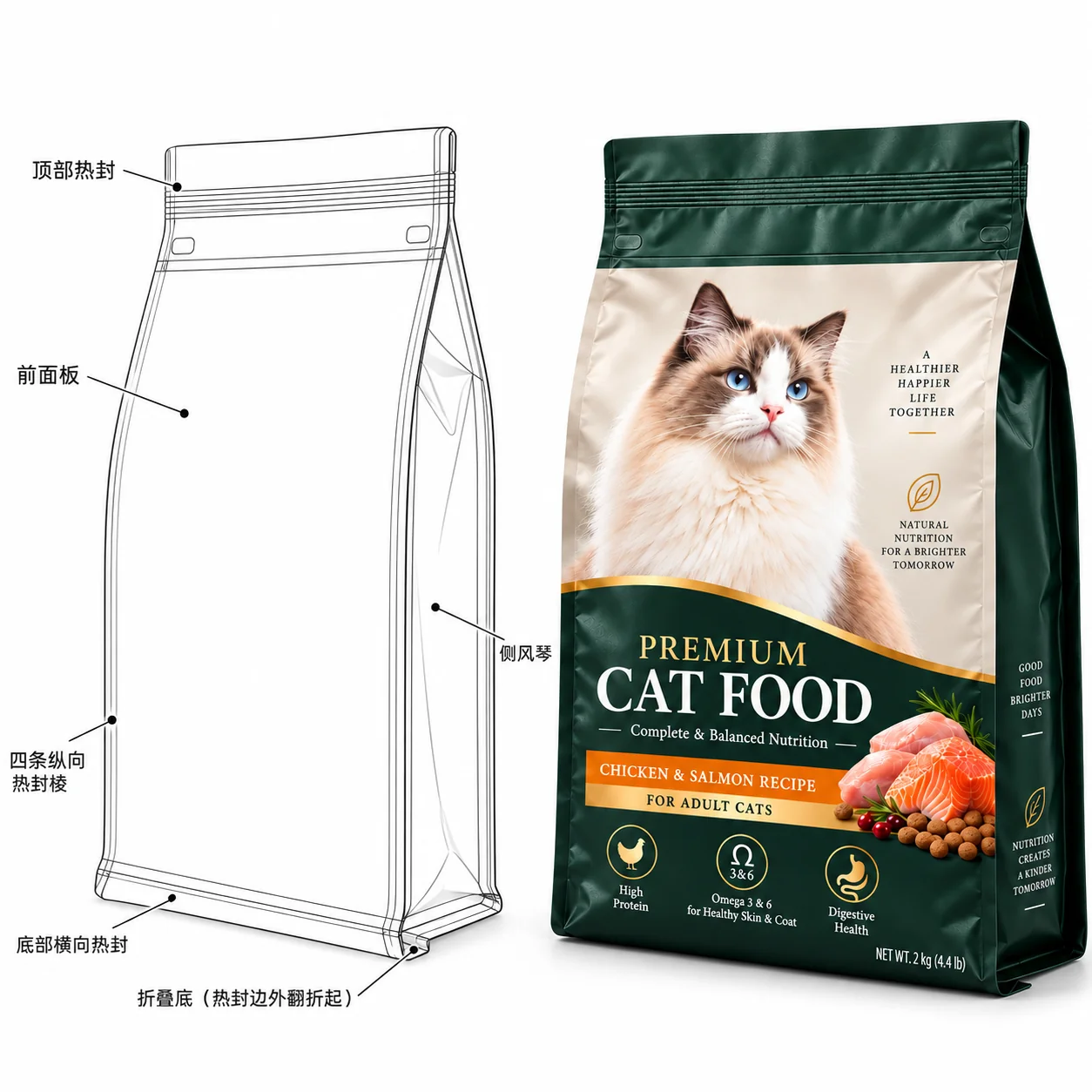 定制猫粮包装袋 四边封结构说明