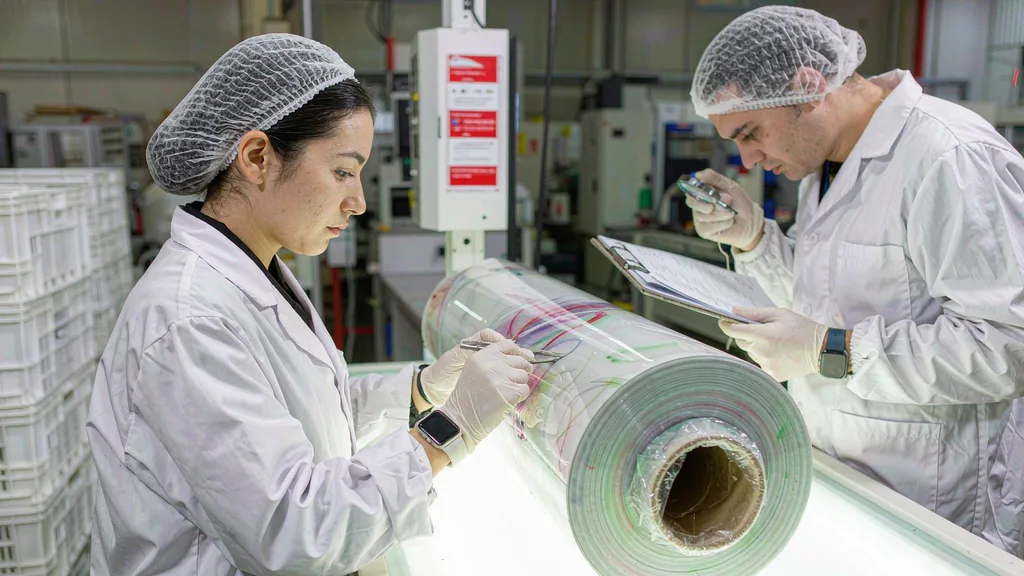 软包装工厂审核现场,两名穿洁净服戴发帽的质检人员站在灯检台前检查印刷卷膜