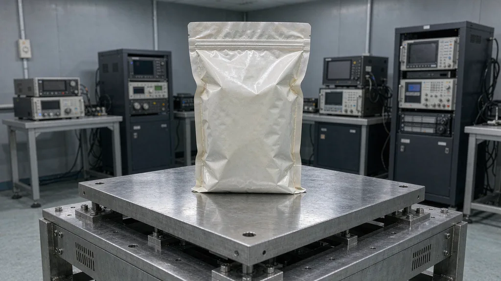 白色自立食品袋放在金属振动测试台上,背景为实验室测试仪器与测试设备